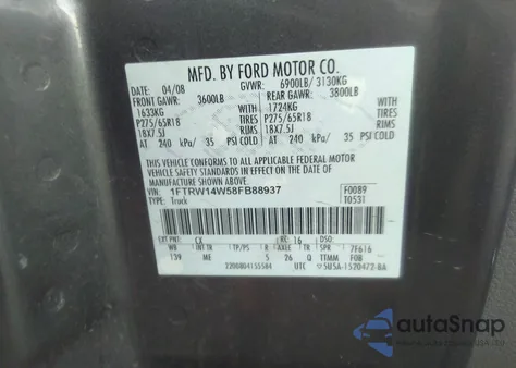 2008 Ford F-150 60Th Anniversary/Xl/Xlt from USA, damaged, VIN 1FTRW14W58FB88937